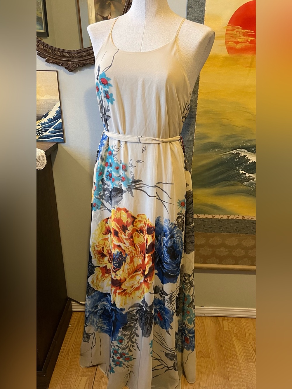 She + Sky Cream Slip Dress with floral Red and Yellow design
